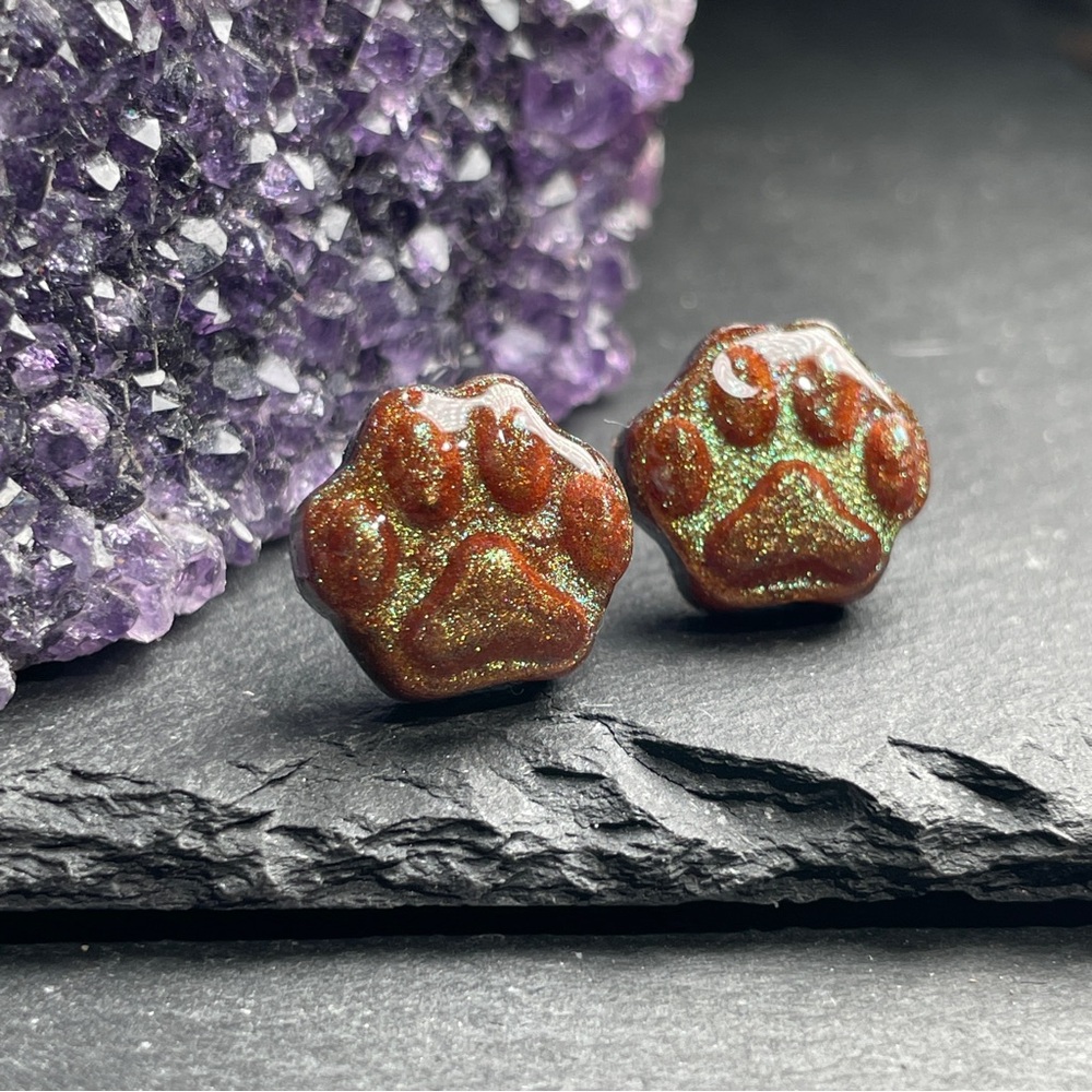 2/$18 Sparkling Reddish Brown Green Golden Glitter Paw Resin Stud Earrings - Picture 4 of 11